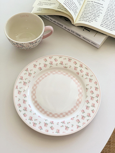 安木良品 韩国ins清新粉色格纹碎花边陶瓷餐盘子西餐厅点心沙拉盘