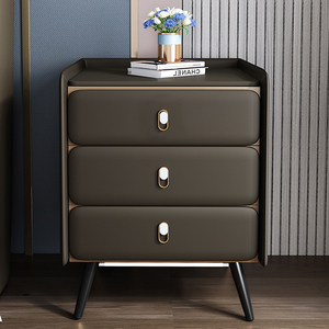 索菲亚轻奢床头柜简约现代三斗柜意式极简卧室带锁皮质三抽屉网红