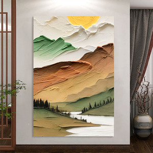 多彩色山水风景客厅装饰画奶油风抽象肌理纯手绘油画日出玄关挂画