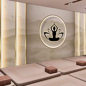 新中式高档养生瑜伽馆墙纸装修3D壁画健身房背景墙装饰舞蹈室壁纸