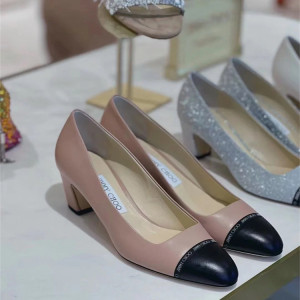 代购jimmy choo/周仰杰 字母拼色粗跟圆头高跟鞋单鞋jc女鞋婚鞋