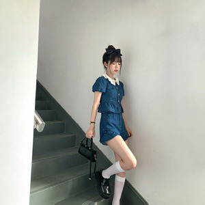 韩系学院风复古蕾丝娃娃领短袖外套女2024夏季新款短款牛仔套装