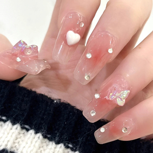 寇丝妮美甲贴片成品夏季手工定制穿戴甲高级感显白蝴蝶结亮片长款