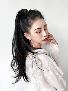 仟丝百变 高马尾假发女黑色直发 自然绑带式发尾微卷中长发辫子
