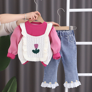 婴儿衣服可爱超萌小公主时髦针织毛衣三件套6七8九个月女宝宝春装