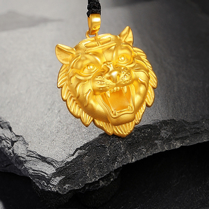 宏方捷足金999霸气老虎头吊坠纯黄金霸气男士生肖挂坠3d硬金坠子