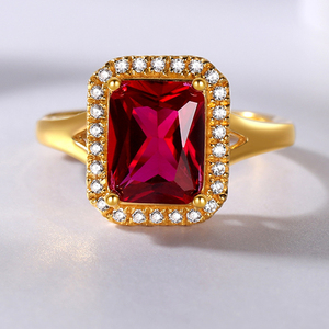 宏方捷足金999黄金方形戒指红宝石戒子年轻气质妈妈款活口指环女