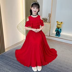 女童礼服公主裙2024新款儿童红色连衣裙小女孩主持人钢琴演出服装