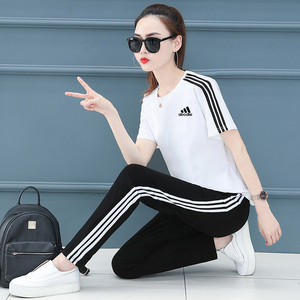 阿迪三叶草运动休闲套装纯棉女夏季短袖长裤健身运动服圆领两件套