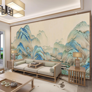 千里江山图壁画新中式复古电视背景壁纸客厅沙发山水书房卧室墙纸