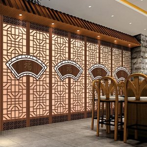 热转印中国风饭店墙纸新中式木纹格栅屏风酒楼餐馆餐饮文化背景墙