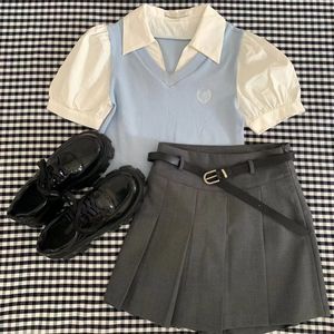 女童夏季短袖拼接套装洋气学院风韩版时髦夏装衬衫百褶裙两件套潮