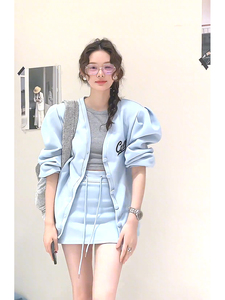 韩系减龄蓝色棒球服套装女2024春季高级感休闲洋气外套短裙两件套