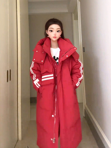 红色本命年中长款连帽羽绒棉服女冬季韩版设计感撞色长款棉袄外套