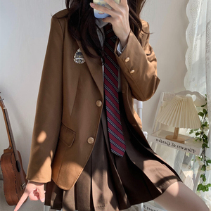 jk制服棕黑色小西装外套女春秋新款校供西服百褶裙学院风衬衫套装
