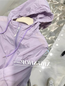 韩版紫色冰丝拉链防晒衣女2024新款薄款夏季外套多巴胺连帽防晒服