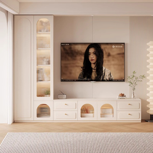 奶油风客厅电视柜收纳储物柜一体组合简约家用背景墙落地电视机柜