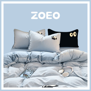 韩国ZOEO春夏新款裸感水洗棉四件套舒适简约蓝色熊猫床单床上用品