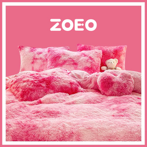 韩国ZOEO水貂绒四件套撸猫感保暖床单床笠款粉色床裙床上用品套件