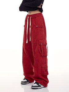 美式阔腿红色工装裤男女春秋高街潮牌设计感运动裤子街舞直筒长裤