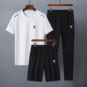 夏季纯棉乔丹跑步运动套装男大码短袖长裤休闲跑步健身运动三件套