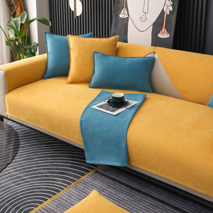 雪尼尔黄色沙发垫四季通用现代简约防滑直排沙发坐垫子套罩盖布巾