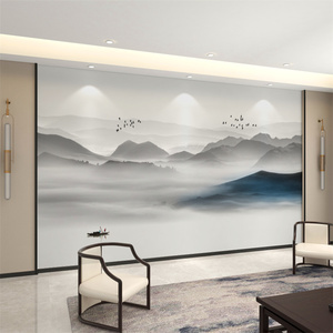 中式水墨山水墙纸壁画电视背景墙壁纸大气墙布客厅影视墙装饰壁布