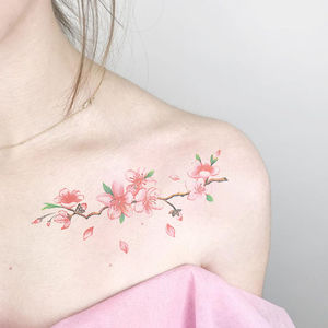 锁骨桃花纹身贴女防水樱花持久逼真胸前性感大图案胸口古风花朵