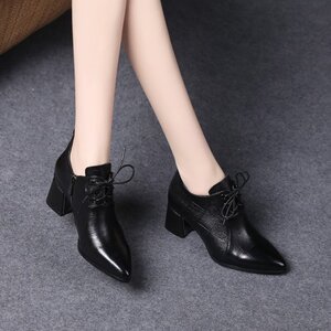 大东真皮2022新款春秋单鞋尖头皮鞋女中跟软皮短靴英伦风马丁靴