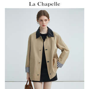 拉夏贝尔/La Chapelle复古拼色皮翻领风衣女中长款卡其色外套上衣