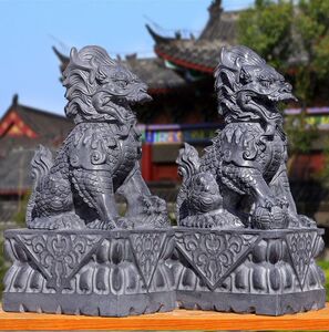 石雕石头青石麒麟摆件一对公母看门家用庭院门口门前天然原石雕刻