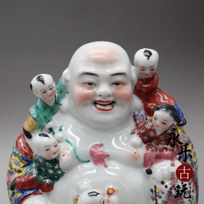 仿古瓷器摆件 清光绪粉彩雕塑五福童子弥勒佛l手绘五子登科佛像