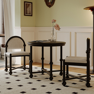 法式复古圆形实木餐桌中古风方桌椅组合饭桌家用咖啡桌白蜡木家具