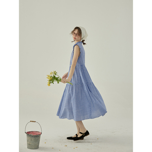 Sullenger 色织纯棉蓝色格纹夏季法式花边无袖长款连衣裙