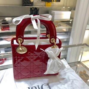 【促销拍】dior /迪奥女包三格漆皮红色戴妃包印花菱格手提包婚包