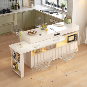 奶油风单独岛台柜可移动厨房料理台小户型家用可伸缩旋转吧台餐桌