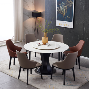 意式极简大理石餐桌椅组合简约现代圆形带转盘可定做实木餐台饭桌