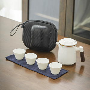 轻奢羊脂玉便携式旅行茶具套装户外陶瓷快客茶杯茶水分离一壶四杯