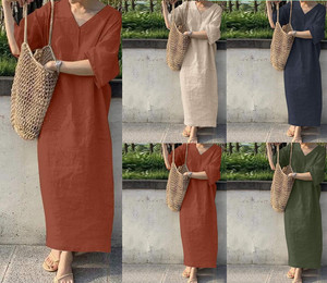 优雅短袖纯色宽松连衣裙女Short sleeve solid color loose dress