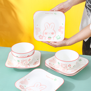 2-4人家用碗碟套装粉萌兔餐具创意陶瓷如意碗盘情侣碗筷汤碗组合