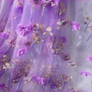 紫色立体毛球雪纺花朵diy网纱布料蕾丝礼服婚礼绣花透视服装面料