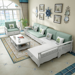 地中海实木沙发组合简约现代白色美式田园风格小户型储物客厅家具