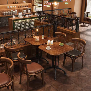 美式复古咖啡厅桌椅组合西餐厅实木椅子商用奶茶甜品店烘焙店桌子