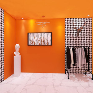 爱马仕橙色墙纸欧式轻奢黑白千鸟格壁纸服装直播间装修墙布背景墙