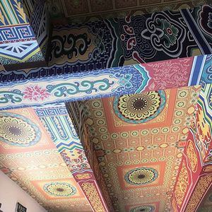 古建彩绘梁纹墙纸复古中式花纹酒楼筑装修背景墙吊顶寺庙佛堂壁纸
