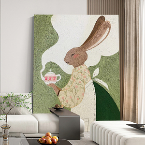 客厅纯手绘油画卡通兔子儿童房奶油风装饰画玄关治愈系肌理画挂画