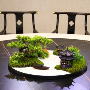 大圆桌中间转盘摆花新中式餐桌枯山水沙盘摆件台面微景观装饰盆景