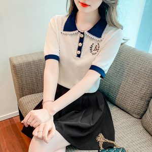 日本高端外贸出口尾单品牌剪标女装减龄撞色polo领刺绣短袖针织衫