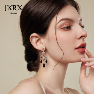 JXRX民族风黑色水晶耳环女流苏耳坠轻奢高级感耳钉新中式春天耳饰