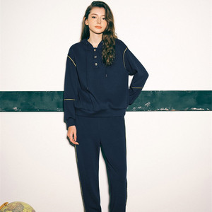 诗篇女装2022秋季新款宽松连帽学院卫衣针织衫休闲裤运动套装0013